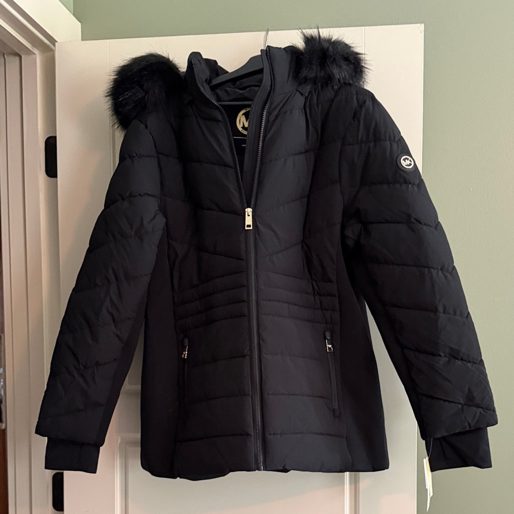 Michael Kors Black Quilted Hooded Puffer Jacket with Faux Fur Trim